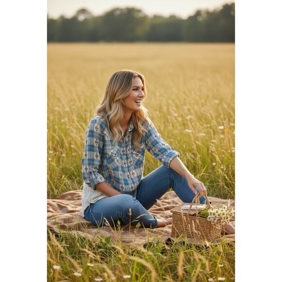 Lola P Plaid Western Shirt Lace Hem Button Down Boho Top Size S - Picture 2 of 6